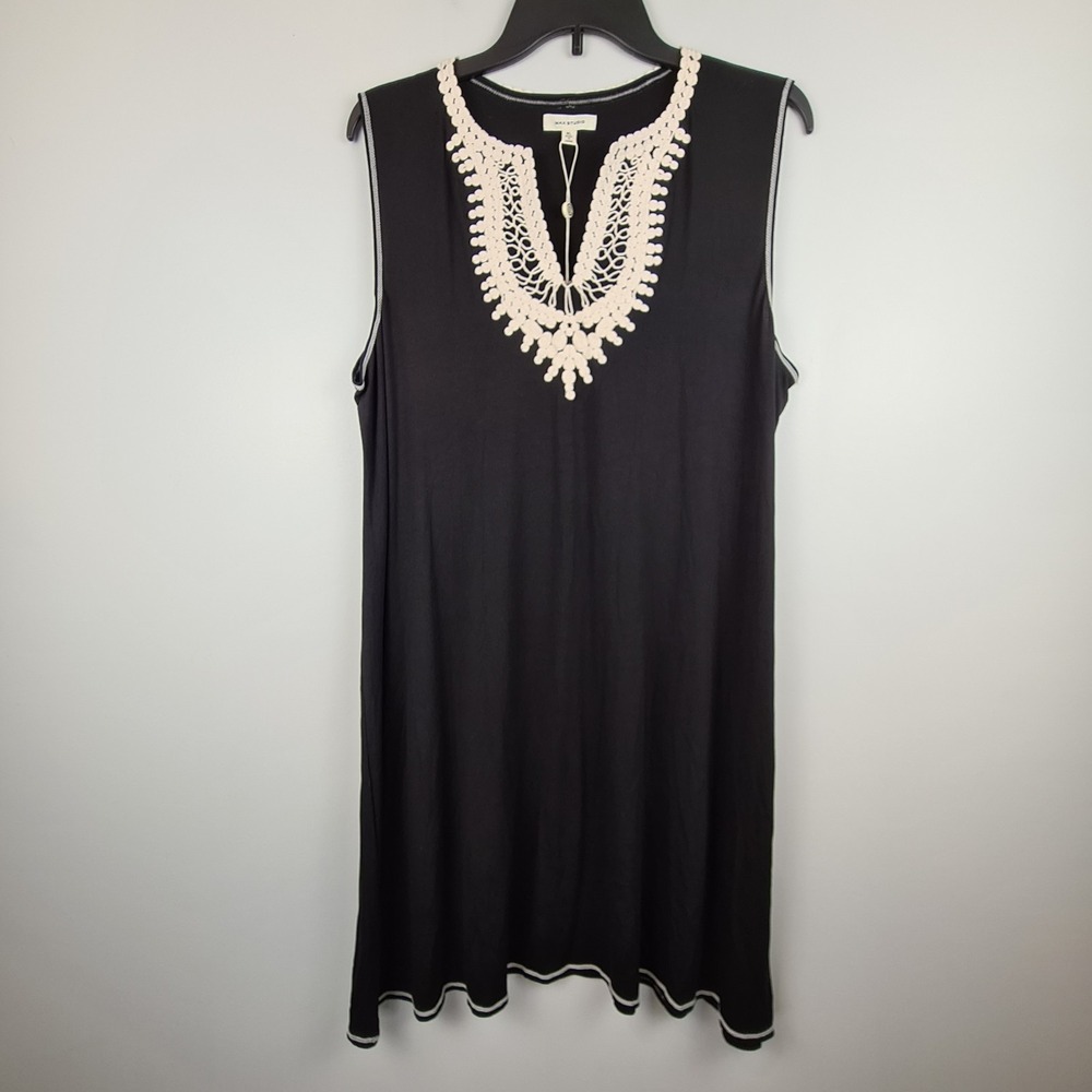 Max Studio Black Jersey Knit Crochet Trim V-Neck Shift Dress XL NWT Lightweight
